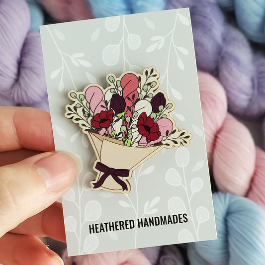 Pink Yarn Bouquet - Wooden Pin image 0